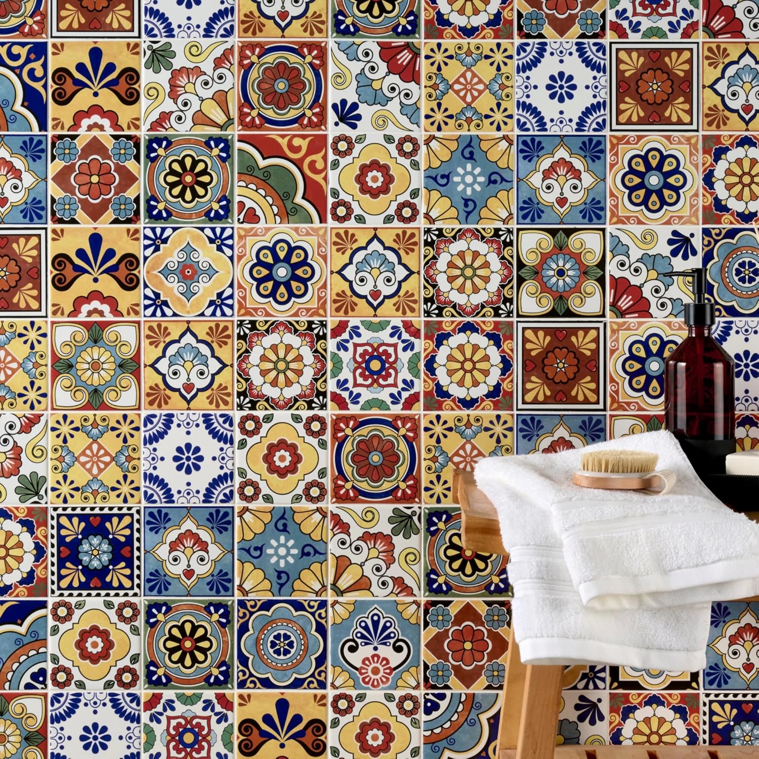 Tenedos HTCFD Heritage Mediterranean Patchwork 4x4 Polished Tile – Vintage Pattern Wall Tile for Kitchen Backsplash, Bathroom, Fireplace & Accent Areas (9 Pieces - 1 Sqft)