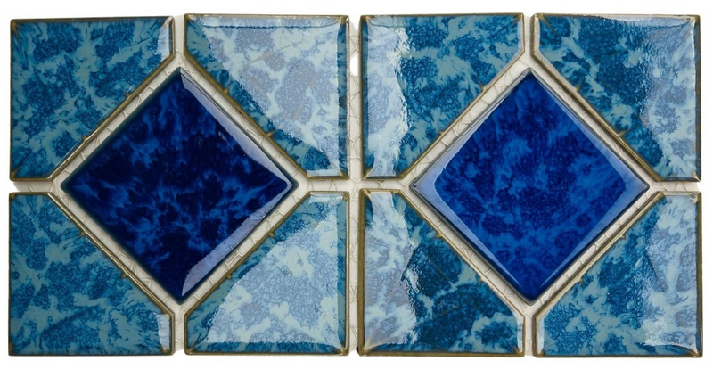 Aqua Marine with Marble Blue Diamond Porcelain Lineup Border Pool Wall Tile on 6x12 Mesh for Easy Installation, for Bathroom Wall, Backsplash