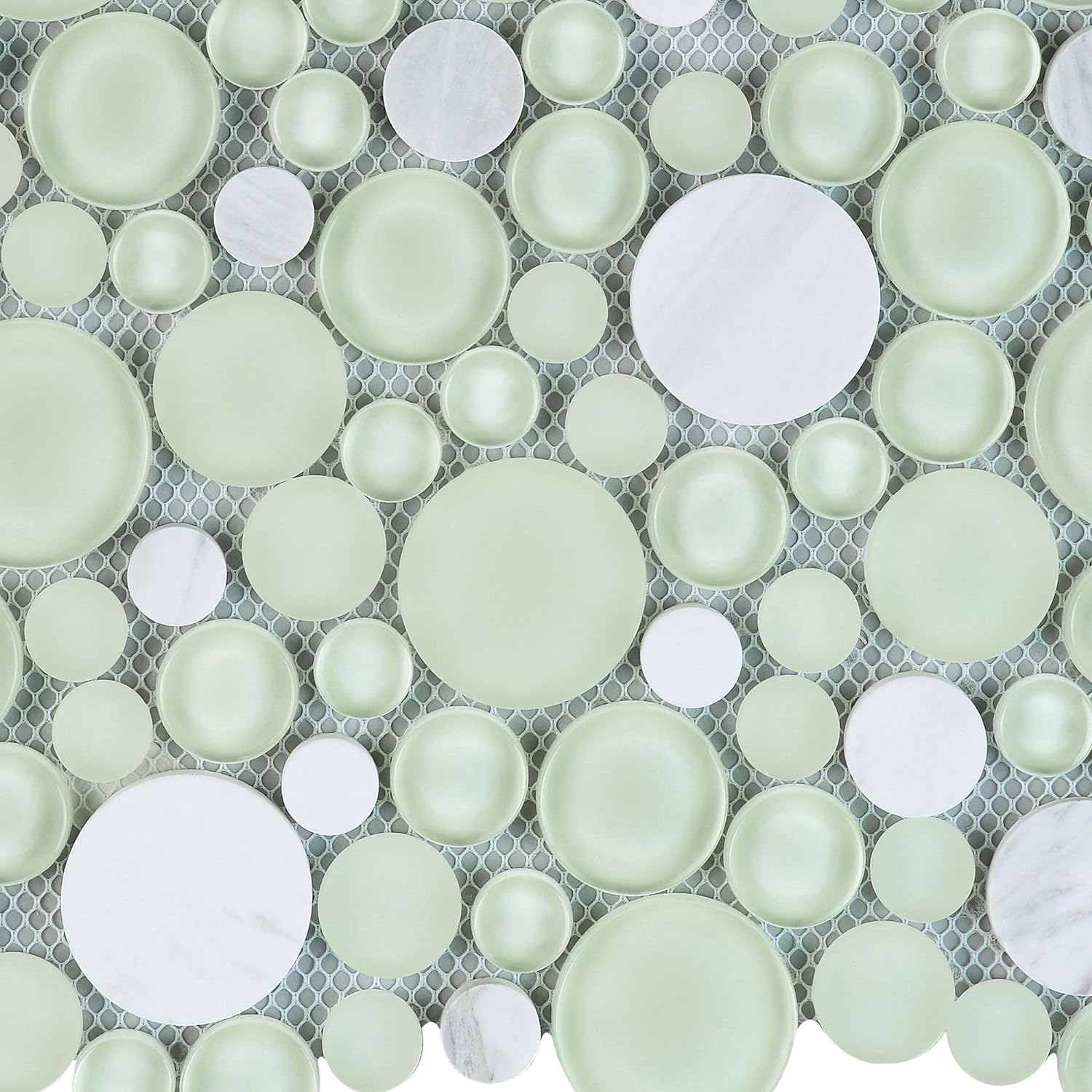 TBUBWG-01 Random Circle Glass Mix Stone Mosaic wall Tile in Mint Green and White