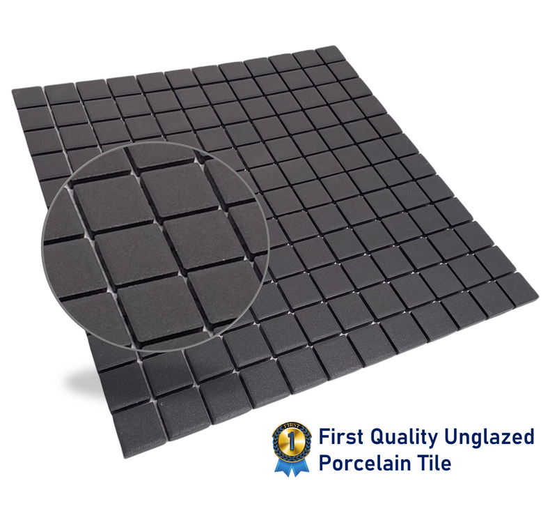 TDPW-UGB1X1-403 Black Porcelain 7/8 Inch Square Unglazed Finish Mosaic Floor Wall Tile for Bathroom Shower, Kitchen Backsplash and Pool