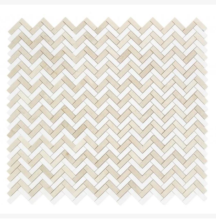 Crema Marfil & Thassos White Marble Herringbone 1X3 Mosaic Polished/Honed 1 piece