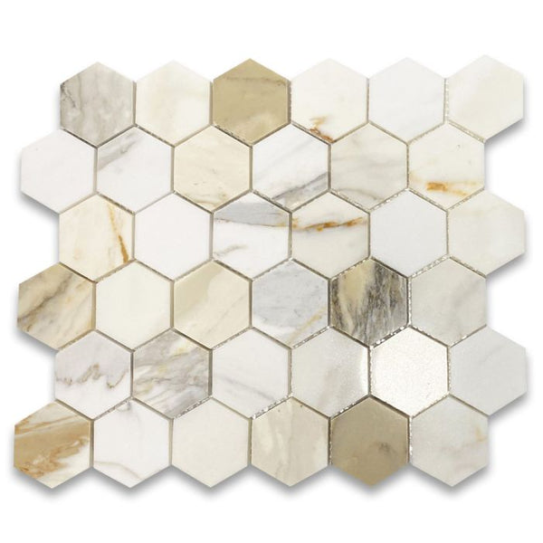 Calacatta Gold Italian Marble 2 in.  Hexagon Mosaic Wall Floor Tile for Bathroom and Kitchen Walls Kitchen Backsplashes (Tenedos)