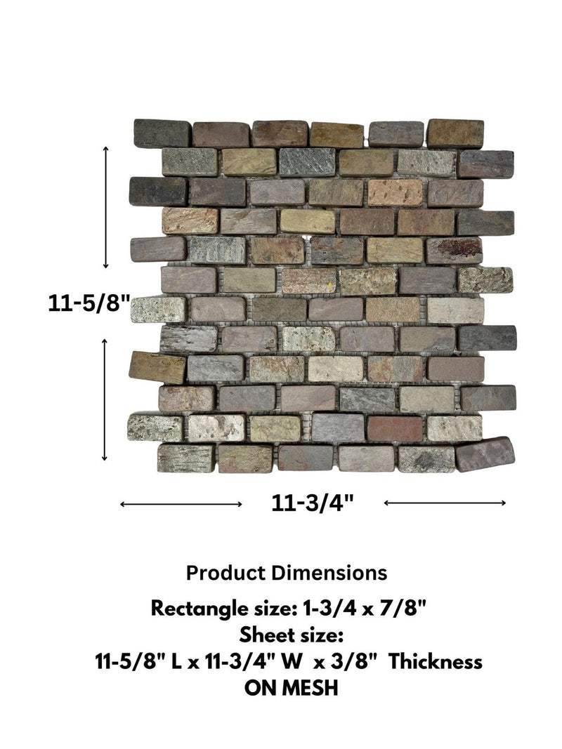 Peacock Slate Multi Classic Rust Brick 1x2 Gauged Tumbled Floor Wall Tile for Kitchen Backsplash, Bathroom Shower, Pool Tile, Fireplace Surround, Exterior Outdoor