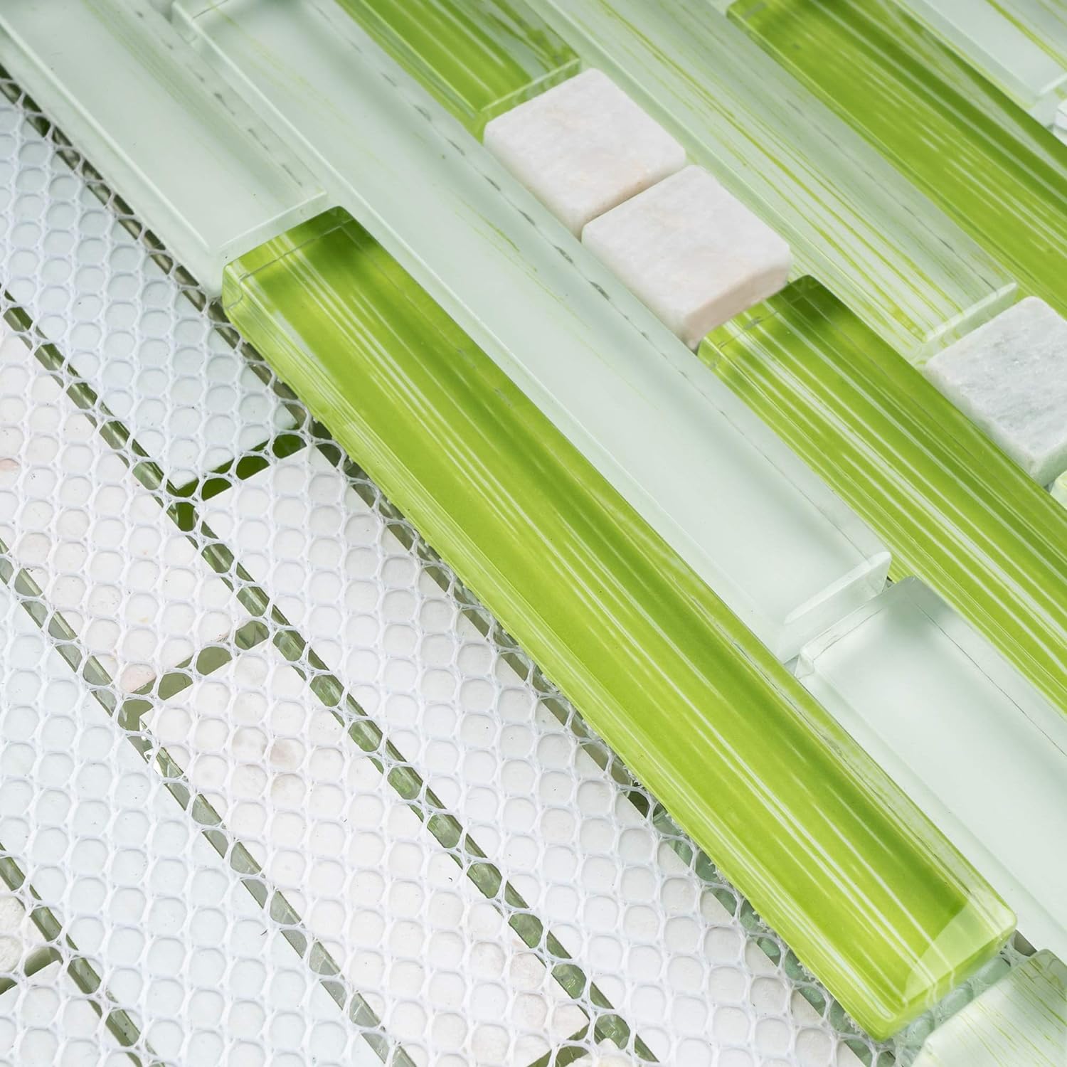 TNLQG-04 Apple Green Glass Stripe Floral Mosaic Wall Tile -Kitchen and Bath backsplash