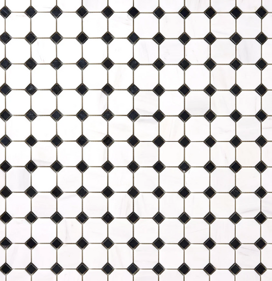 Bianco Dolomite Octagon with Black Dots Mosaic HONED HTC 1 piece