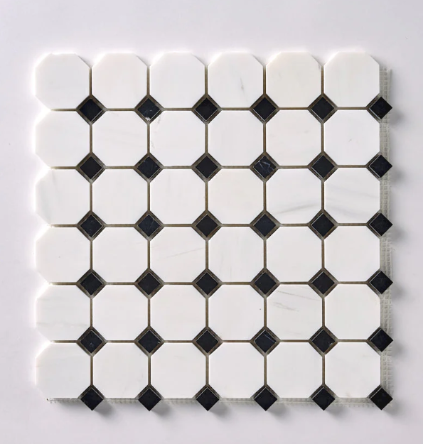 Bianco Dolomite Octagon with Black Dots Mosaic Polished HTC 1 piece