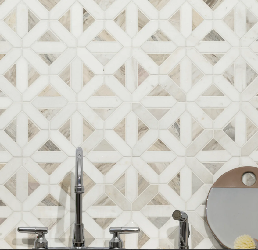 Calacatta Gold Italian Marble with Carrara White Triangles Geometrica Mosaic Tile Honed (Matte)