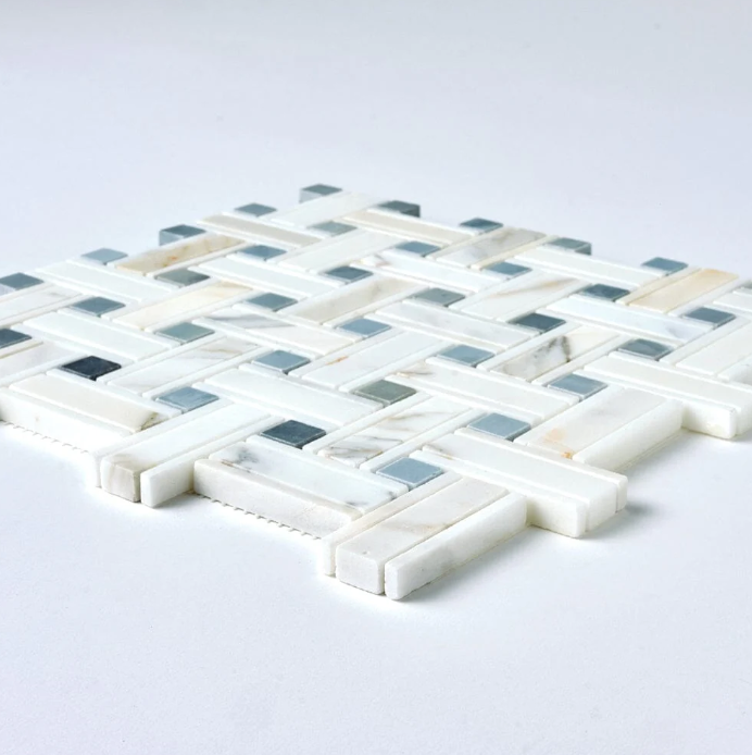 Calacatta Gold & Gray Kenzy Basketweave Marble Mosaic Honed