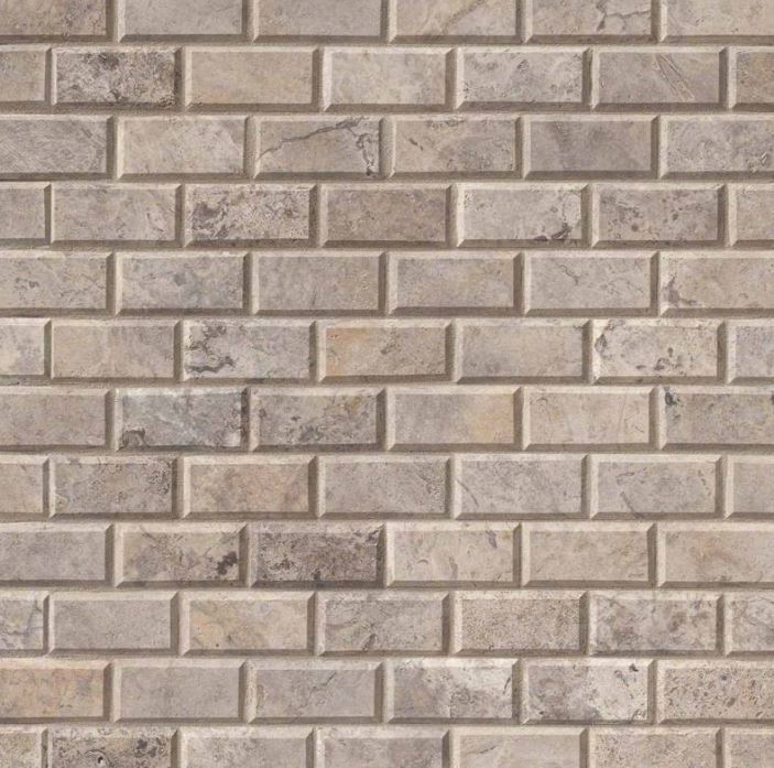 Silver Travertine Stone 2x4 Brick Honed Beveled Wall Floor Tile for Fireplace, Pool Tile, Kitchen Backsplash, Bathroom Wall (Box of 10 sq.ft)