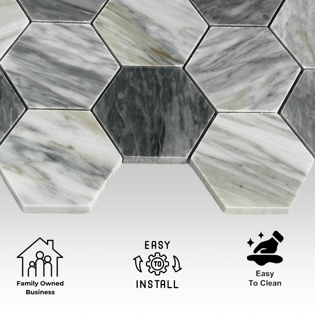 Tenedos Hematite Calacatta Hexagon Polished Marble Mosaic Tile-1 piece