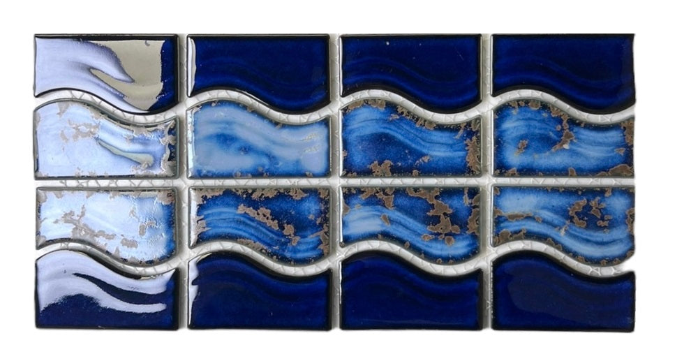Tenedos Wave Sea Cobalt Blue with Calacatta Gold Porcelain Lineup Border Pool Wall Tile on 6x12 Mesh for Easy Installation, for Bathroom Wall, Backsplash