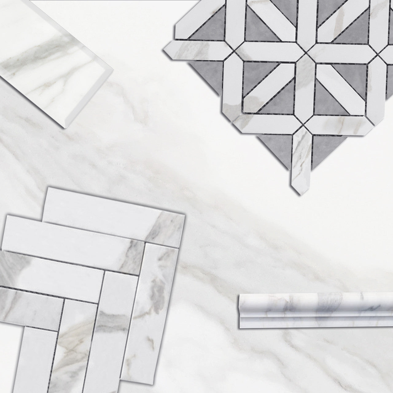 Calacatta Gold Italian Marble with Bardiglio Gray Triangles Geometrica Mosaic Tile Polished(Glossy)
