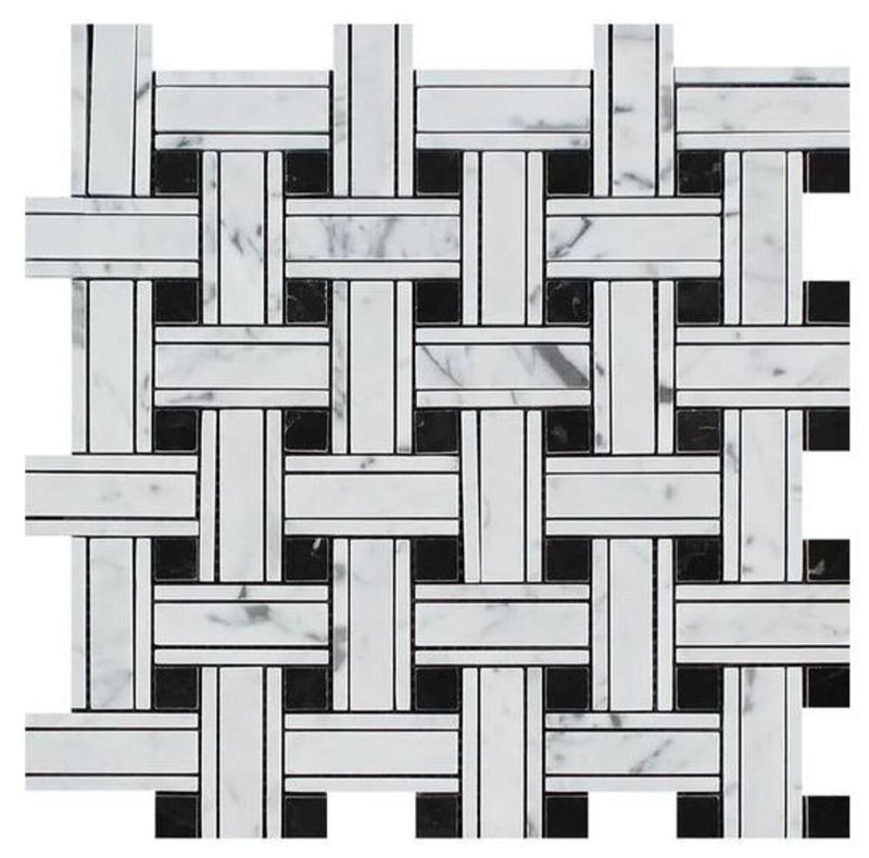 Tenedos Kenzi Triple Basketweave Carrara White with Greyish Marble Honed Floor and Wall Tile for Kitchen Backsplash, Bathroom Shower, Fireplace Surround, Accent Wall