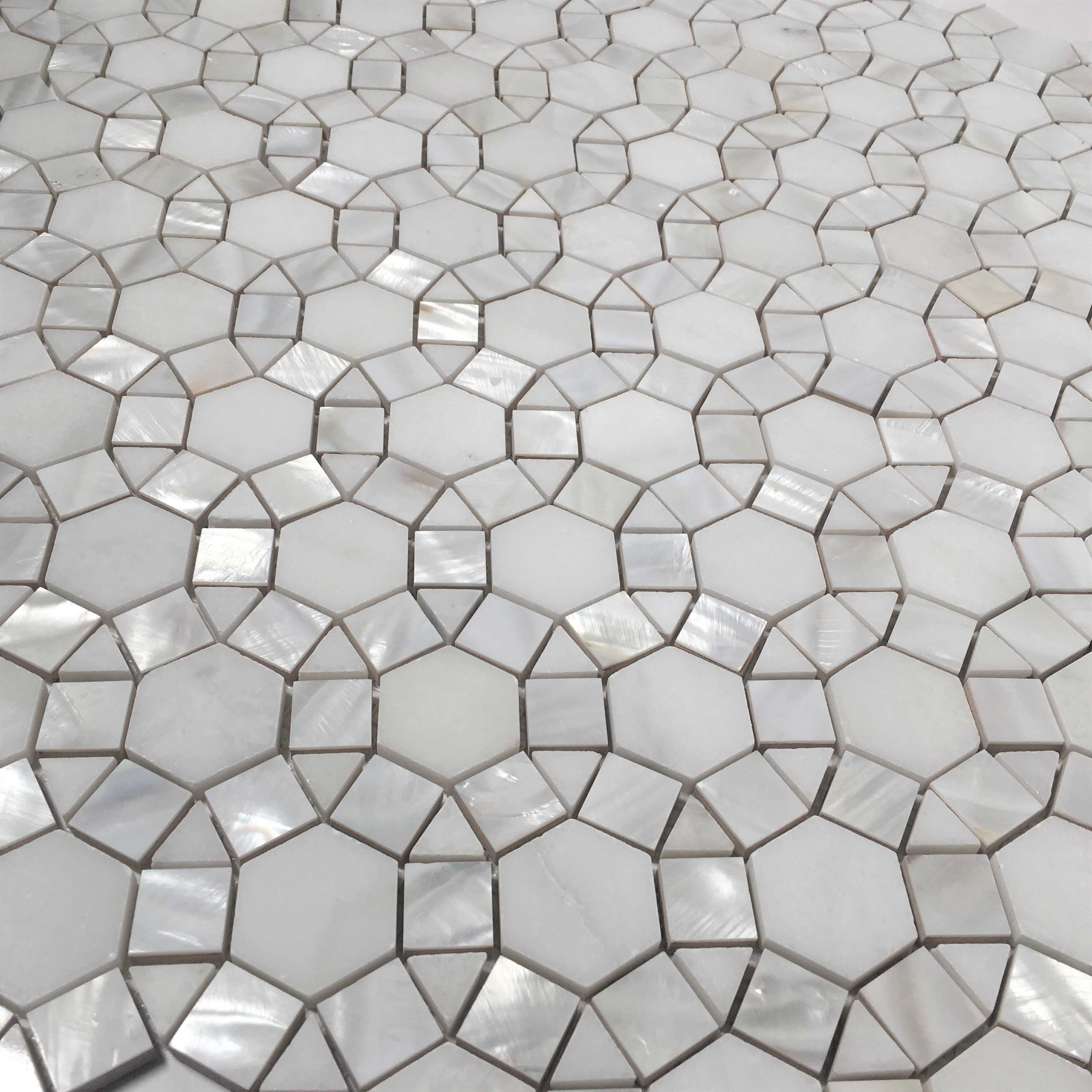 Thassos Hexagon Marble with Mix Circulos Mother of Pearl Tile On Mosaic Sheet