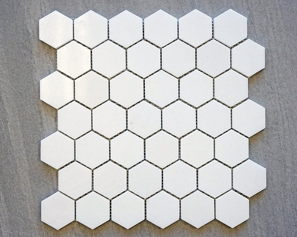 Thassos White Greek Marble 2 inch Hexagon Mosaic Tile, Polished