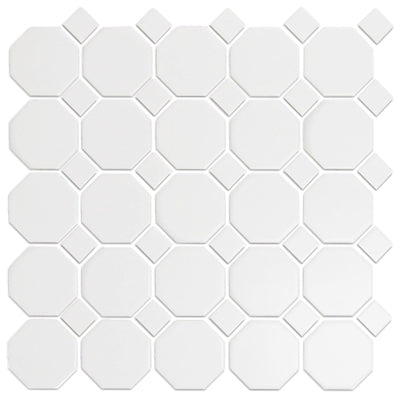 White Octagon w/white Dots Porcelain Mosaic Floor Wall Matte