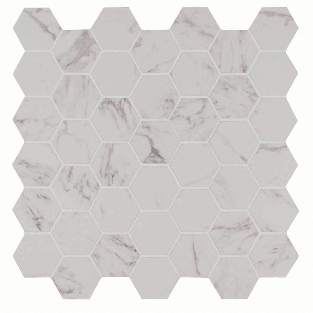 MS International Pietra Carrara Hexagon 2 in. Glazed Matte Porcelain Mesh-Mounted Mosaic Wall Floor Tile