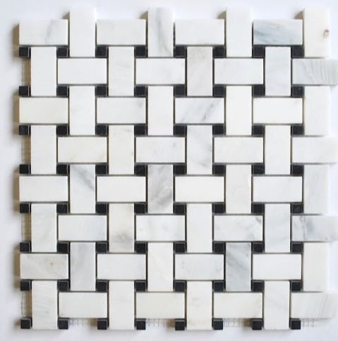 Carrara Basketweave Mosaic with Black Marble Dots  Honed