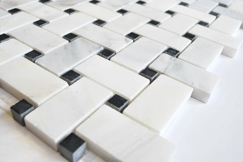 Carrara Basketweave Mosaic with Black Marble Dots  Honed
