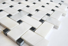 Carrara Basketweave Mosaic with Black Marble Dots  Honed