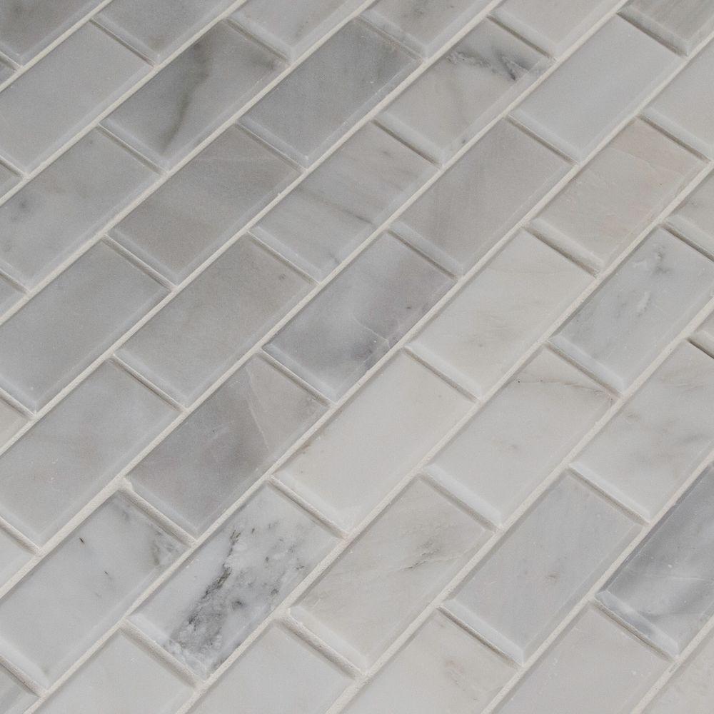 MS International Greecian White 2x4 Polished Beveled Marble Mesh-Mounted Mosaic Floor Wall Tile