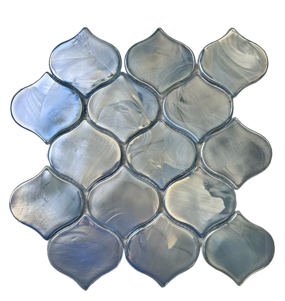 Tenedos Blue Pearly Lantern Arabesque Glass Wall Tile, Artistic Insets