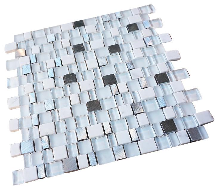 Glossy and Matte White With Aluminum Random Brick Cubes Pattern Glass Mosaic Tiles