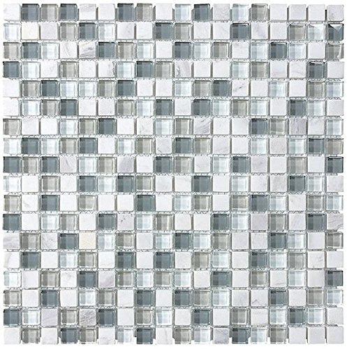 10 Square Feet - Bliss Iceland White Marble and 5/8x5/8 Glass Mosaic Tiles for Kitchen Backsplash and Bathrooms Wall