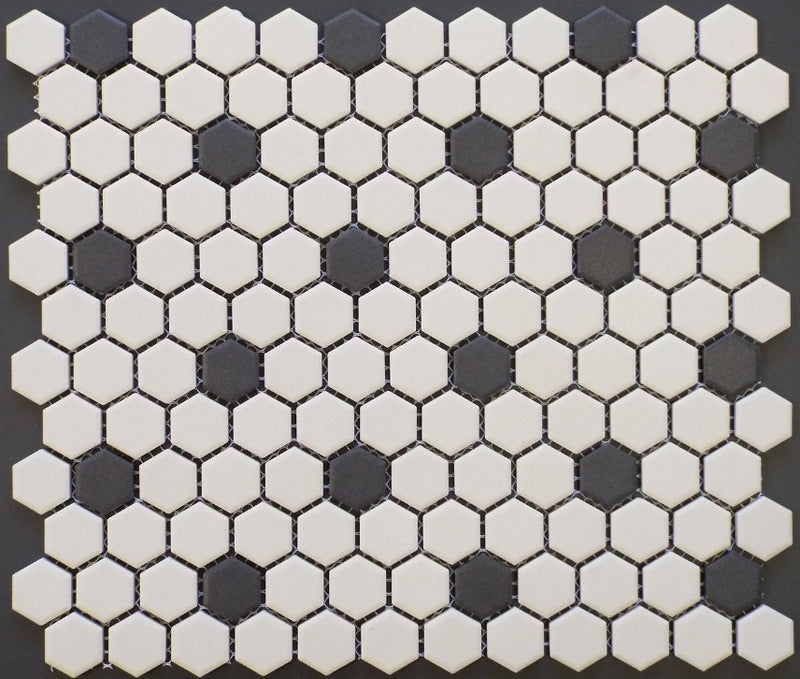 Vogue Rosette Pattern Unglazed Porcelain Mosaic Tile White with Black Dots Designed in Italy -   Shipping
