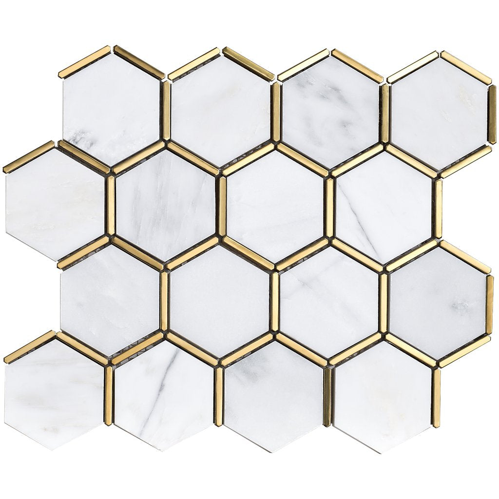 Tenedos Carrara White Marble 3 inch Hexagon Mosaic Floor Wall Tile with Gold Metal Stainless Steel Polished