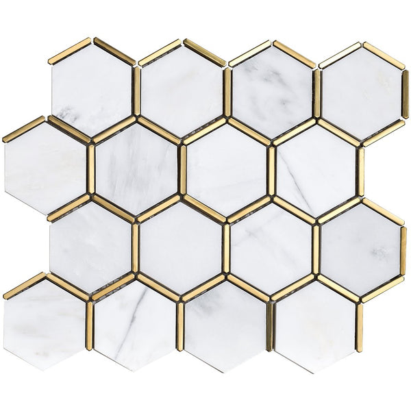 Tenedos Carrara White Marble 3 inch Hexagon Mosaic Floor Wall Tile with Gold Metal Stainless Steel Polished for Kitchen Backsplash Bathroom Shower Entryway Corrido Spa