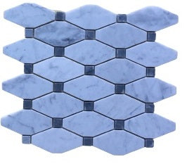 Carrara White Italian (Bianco Carrara) Marble Octave Pattern Mosaic Floor Wall Tile (Blue & Gray Marble Dots)