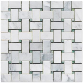 Statuary Calacatta  Basketweave with Ming Green Dots Polished Marble Mosaic Floor and Wall Tile