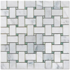 Statuary Calacatta  Basketweave with Ming Green Dots Polished Marble Mosaic Floor and Wall Tile