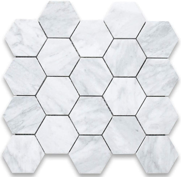 Tenedos Carrara White Italian Marble Hexagon Mosaic Floor Wall Tile 3 inch Honed Bianco Bathroom Kitchen Backsplash Fireplace