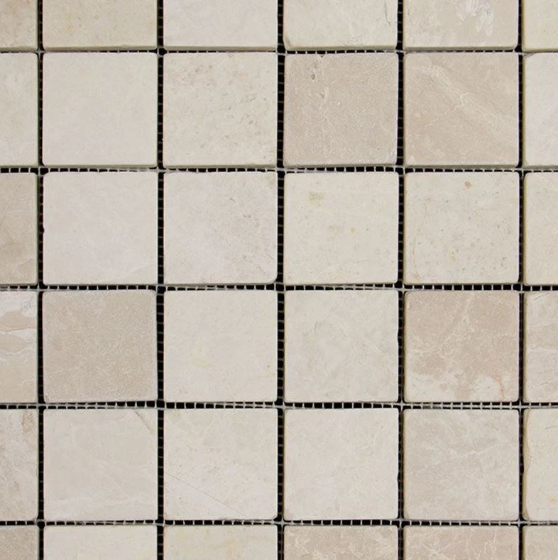 2x2 Botticino Beige Marble Tumbled Mosaic Floor and Wall Tile Sheets for Backsplash, Shower Walls, Bathroom Floors