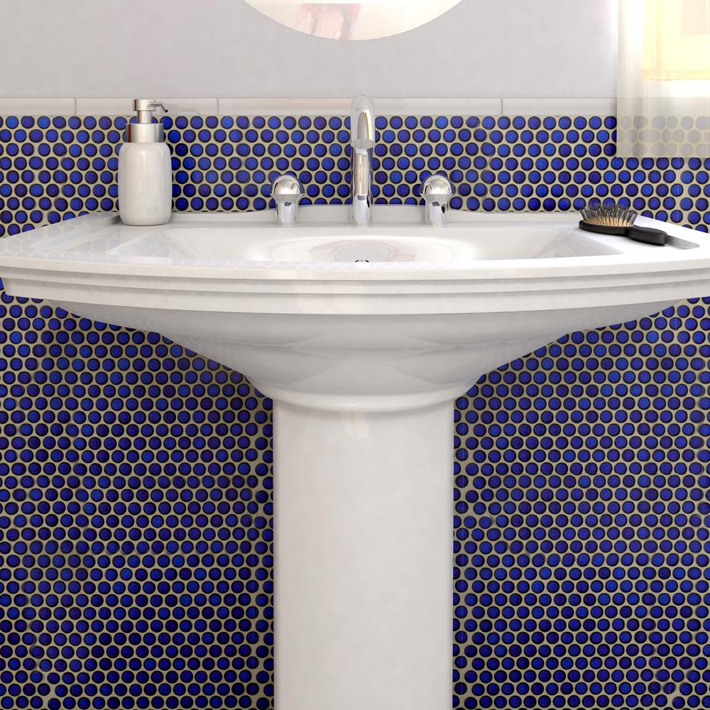 Penny Round Tile Cobalt Blue Porcelain Mosaic Wall Floor Tile Shiny Look for Bathroom Shower, Kitchen Backsplashes, Pool Mosaic