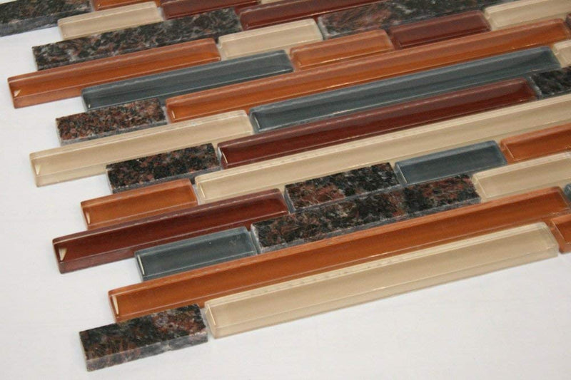 Random Brick Pattern Glass Tile & Granite Tile; Color: Burgundy, Orange, Gray & Biege Glass Tile with Tan Brown Granite