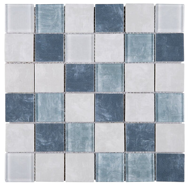 Blue with Gray and White Glass 2" Square  Mosaic Tile for Walls, Bathroom and Kitchen Walls Kitchen Backsplashes - Tenedos