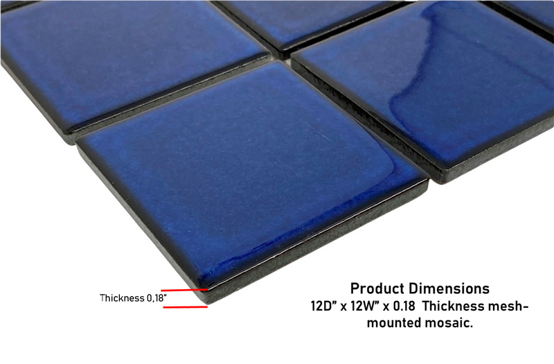 Premium Quality 3" x 3" Cobalt Blue Square Pattern Porcelain Mosaic Tile on Mesh on 12x12 sheet, Designed in Italy