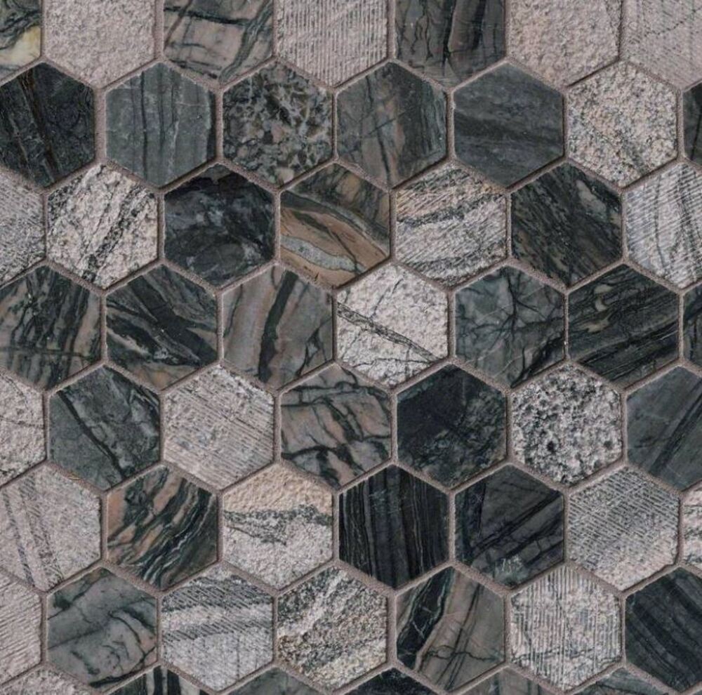 2 in. Hexagon Black Blend with Multi Greyish Textured Marble Mosaic Floor and Wall Tile for Kitchen Backsplash, Shower, Bathroom, Accent Wall, Fireplace Surround
