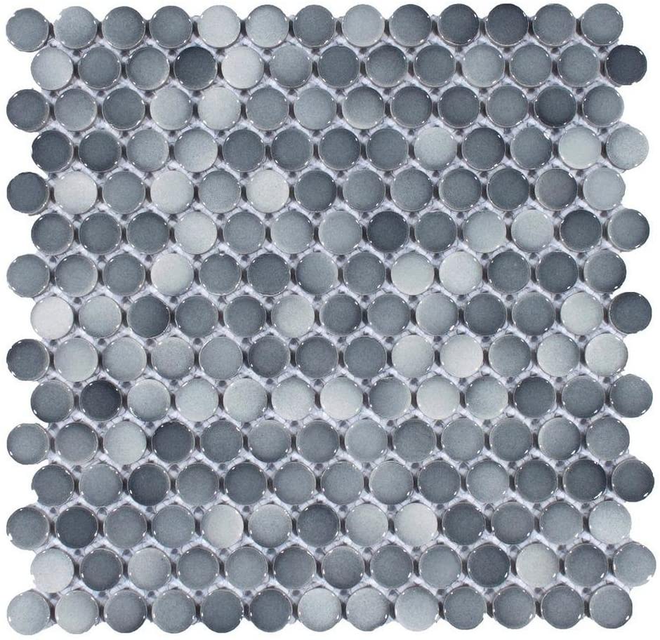 Tenedos Mix Dark Gray Penny Round Porcelain Mosaic, Floor and Wall Tile, on Mesh (Box of 15 Sheets)