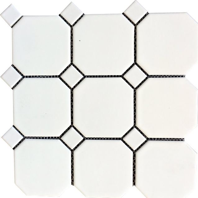 Vogue 4" Octagon Tile Matte White Mosaic with Matte White Dots Porcelain for Bathroom Floors and Walls, Kitchen Backsplashes, Pool Tile