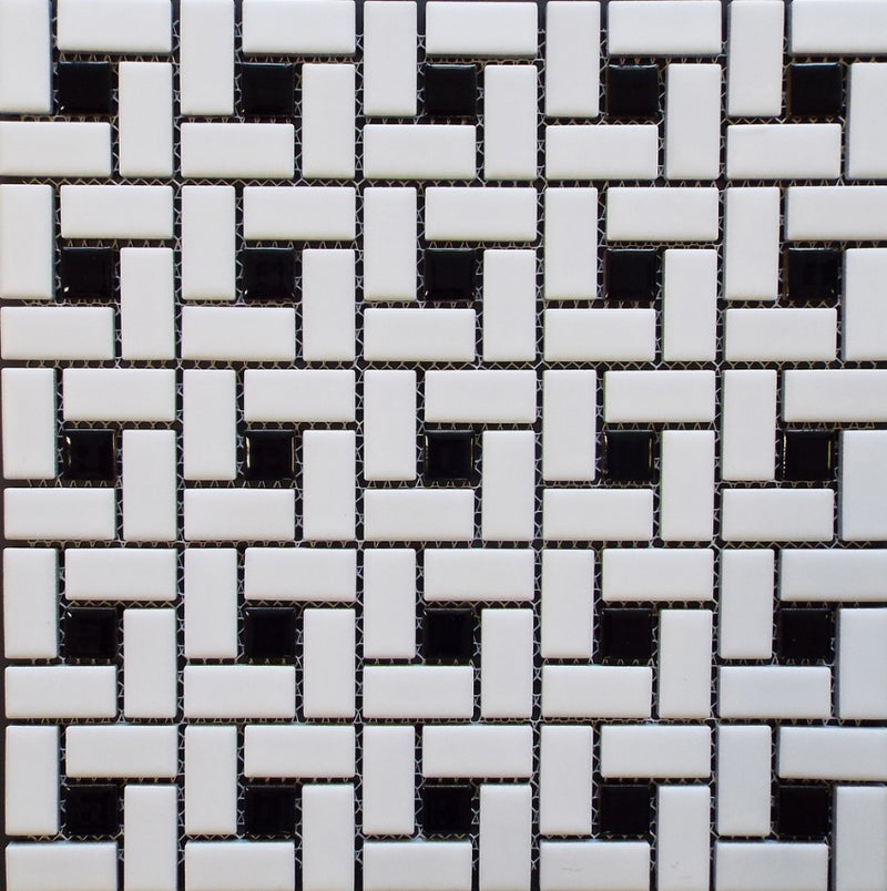 Spiral Pattern Porcelain Pinwheel Mosaic Floor Wall Tile Matte White w/Shiny Black Dots for Kitchen Backsplash, Bathroom Shower, Accent Wall