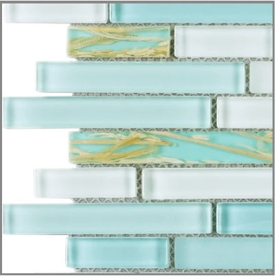 Random Brick Pattern Glass Tile & Resin Tile; Color: Blue Glass Mosaic Tile with Rice Plant Resin Mosaic Tile