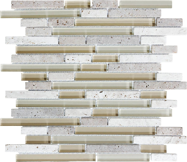10 Sq Ft - Bliss Creme Brulee Stone and Glass Linear Mosaic Wall Tiles - bathroom walls/ kitchen backsplash