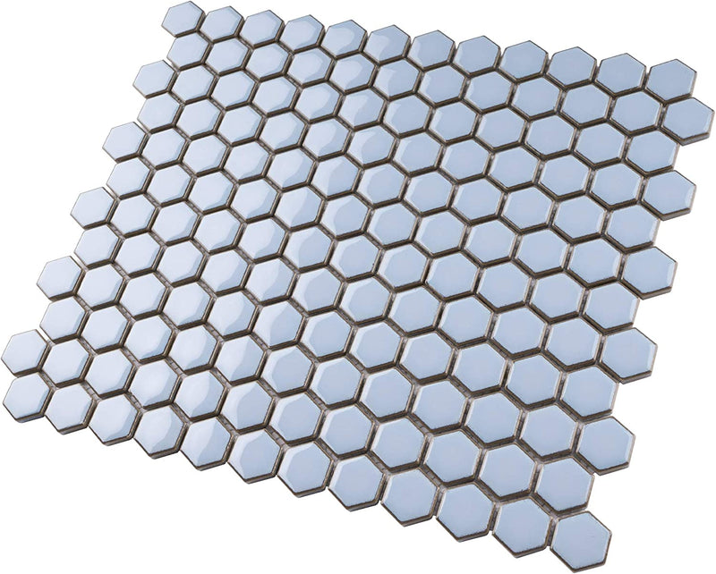 Vintage Sky Blue Hexagon Porcelain Wall Floor Mosaic Tile Polished for Kitchen Backsplash, Bathroom Shower, Accent décor