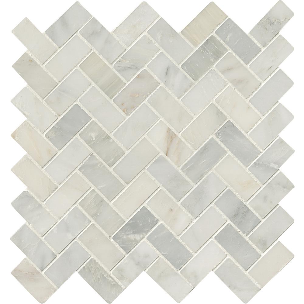 MS International Arabescato 1x2 Carrara Herringbone Pattern Honed Marble Mesh-Mounted Mosaic Floor Wall Tile