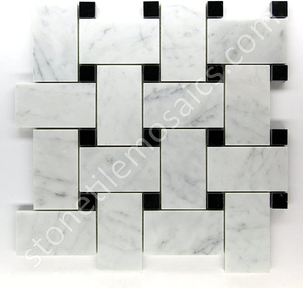 Carrara Marble Italian White Bianco Carrera Large Size Big Basketweave Mosaic Tile with Nero Black Dots Honed for Kitchen Backsplash Bathroom Flooring Shower Surround Dining Room Entryway Corrido Spa