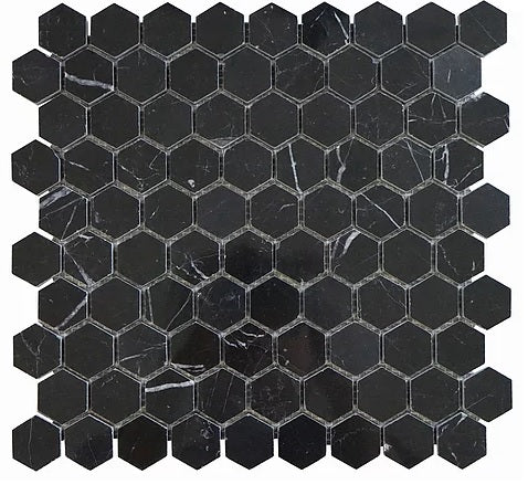 Nero Marquina Black Marble Hexagon Mosaic Tile 1 inch Polished